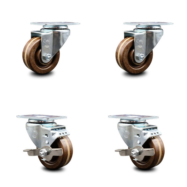 Service Caster 3 Inch High Temp Phenolic Wheel Swivel Top Plate Caster Set with 2 Brakes SCC SCC-20S314-PHSHT-TP2-2-TLB-2
